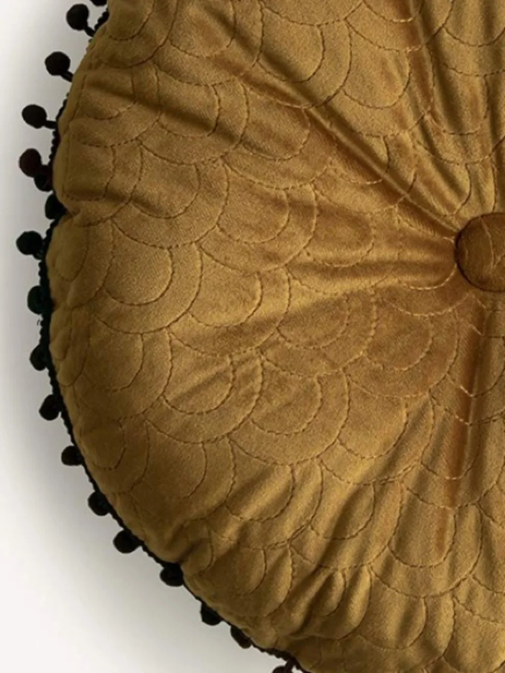 Tufted Chair Cushion with ORANGE Pom Pom Trim 16” Round - YELLOW
